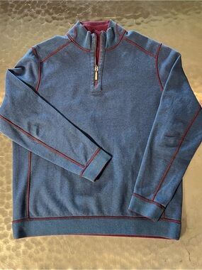 Tommy Bahama Men's Large Reversible Zip Pullover Heather Blue Contrast Stitching